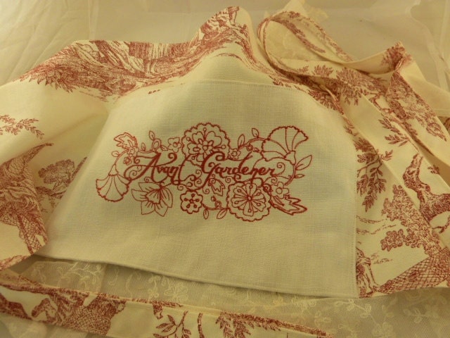 Garden Apron in Toile de Jouy with monogrammed "Avant Gardener"  Handmade