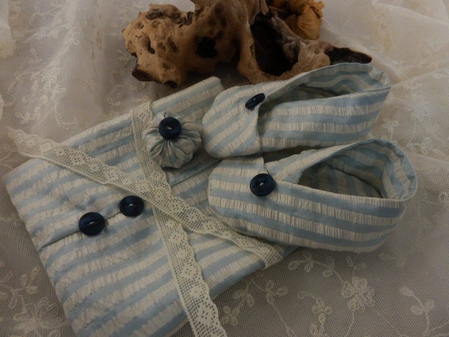 Baby Boy Gift Set Blue/White Striped Seersucker Silk,  Kimono Slippers,Carrybag Handmade 0-6mths