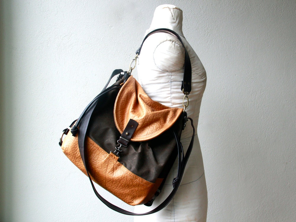 trunk sale - LARGE 1904 PORTER  PACK  - 11" laptop pocket and int zip pocket -  lined in waxed canvas - three way bag