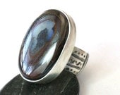 Oval Silver Opal Ring - Bulky Sterling Gemstone Ring - Statement Jewelry Ring - OOAK Cocktail Ring