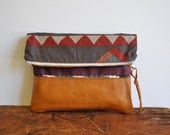 REDUCED - Foliage Clutch - Vintage Fabric and Leather - rare fabric - tribal print - fold over clutch