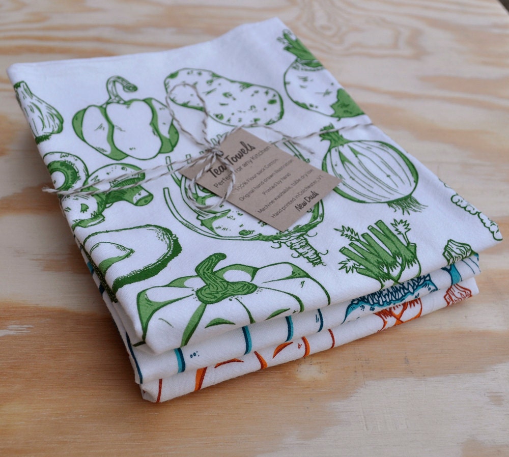 Vegetable Tea Towels - Hand Printed - Set of Three