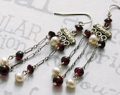 Garnet and Pearl Sterling Silver Chandelier Earrings