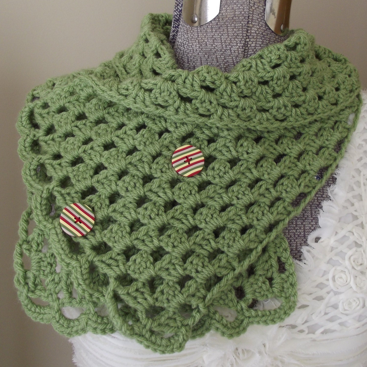 Green Crochet Scarf, Spring Lace Scarflet, shorter length, with Polymer clay buttons