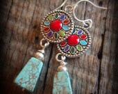 Floral Silver Discs and Turquoise Beaded Earrings