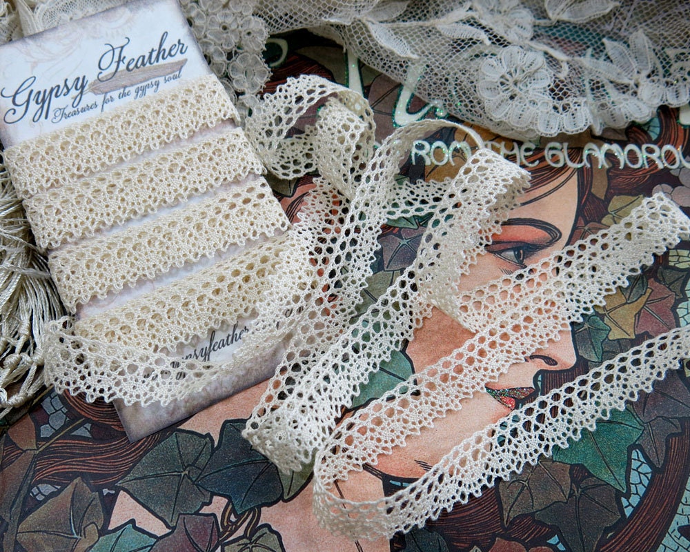 Vintage German Lace Yardage, dark cream, 1.5 yds ...embellishment for crazy quilting, fabric art journals, dolls, collage, etc. - LY41327