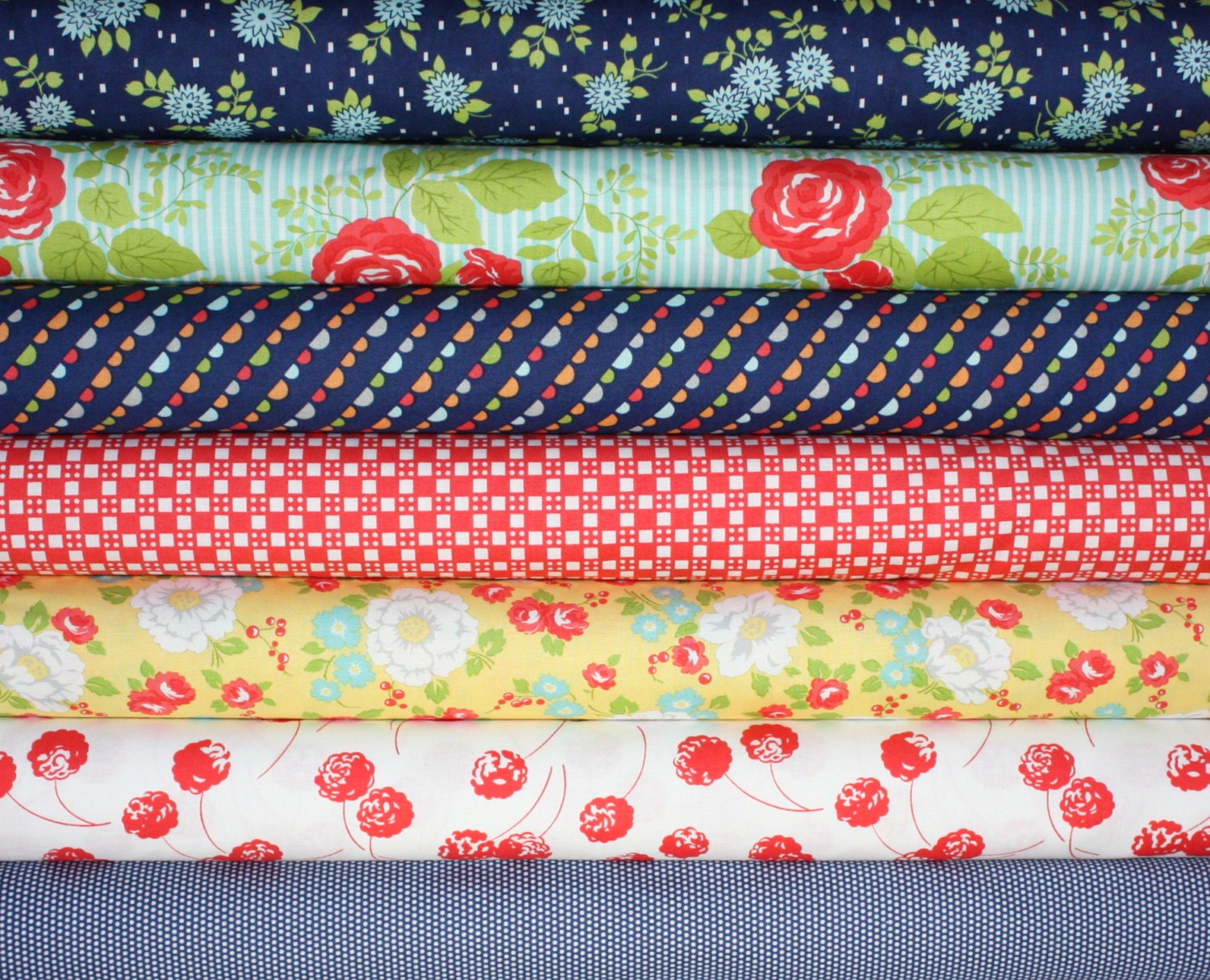 Happy Go Lucky Fabric bundle by Bonnie and Camille for Moda Fabrics- 1/2 Yard Bundle- 7 total