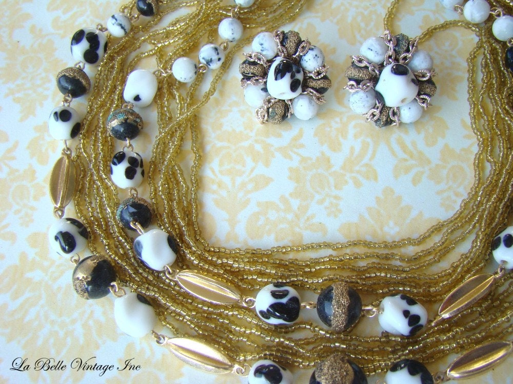 Vintage Necklace Earrings - Balck & White  Dalmatian Dots Beads - Multi Strand - Signed JAPAN