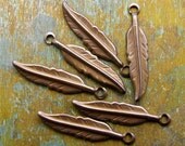 Six Tiny Brass Feather Charms - Hand Antiqued
