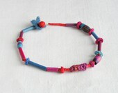 fiber choker - textile  beaded necklace - red blue pink