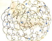 Gold Wire Beaded  Kippah for Women - Blue Swarovski Crystals and White Pearls