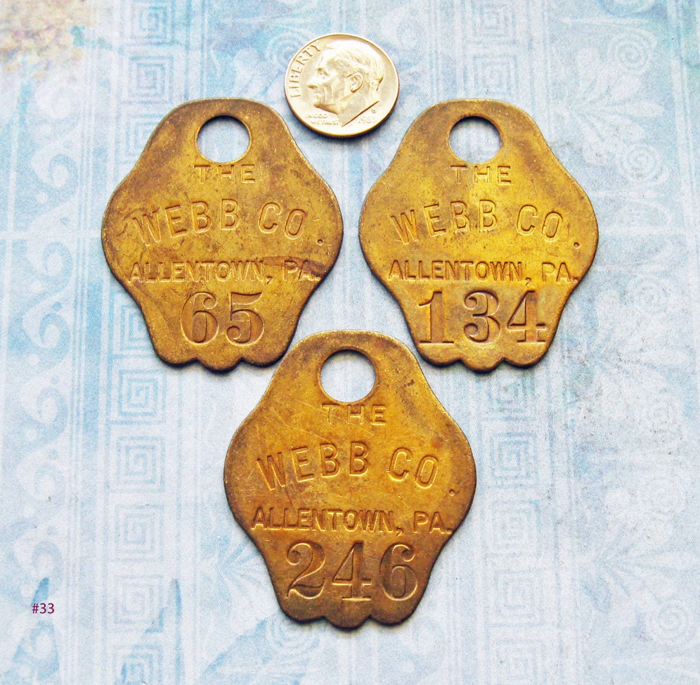 Antique Brass ID Tag 1800's Ephemera Key Tool Tag Allentown Pa. Advertising Name Number Plate DIY Jewelry Altered Art Assemblage Steampunk