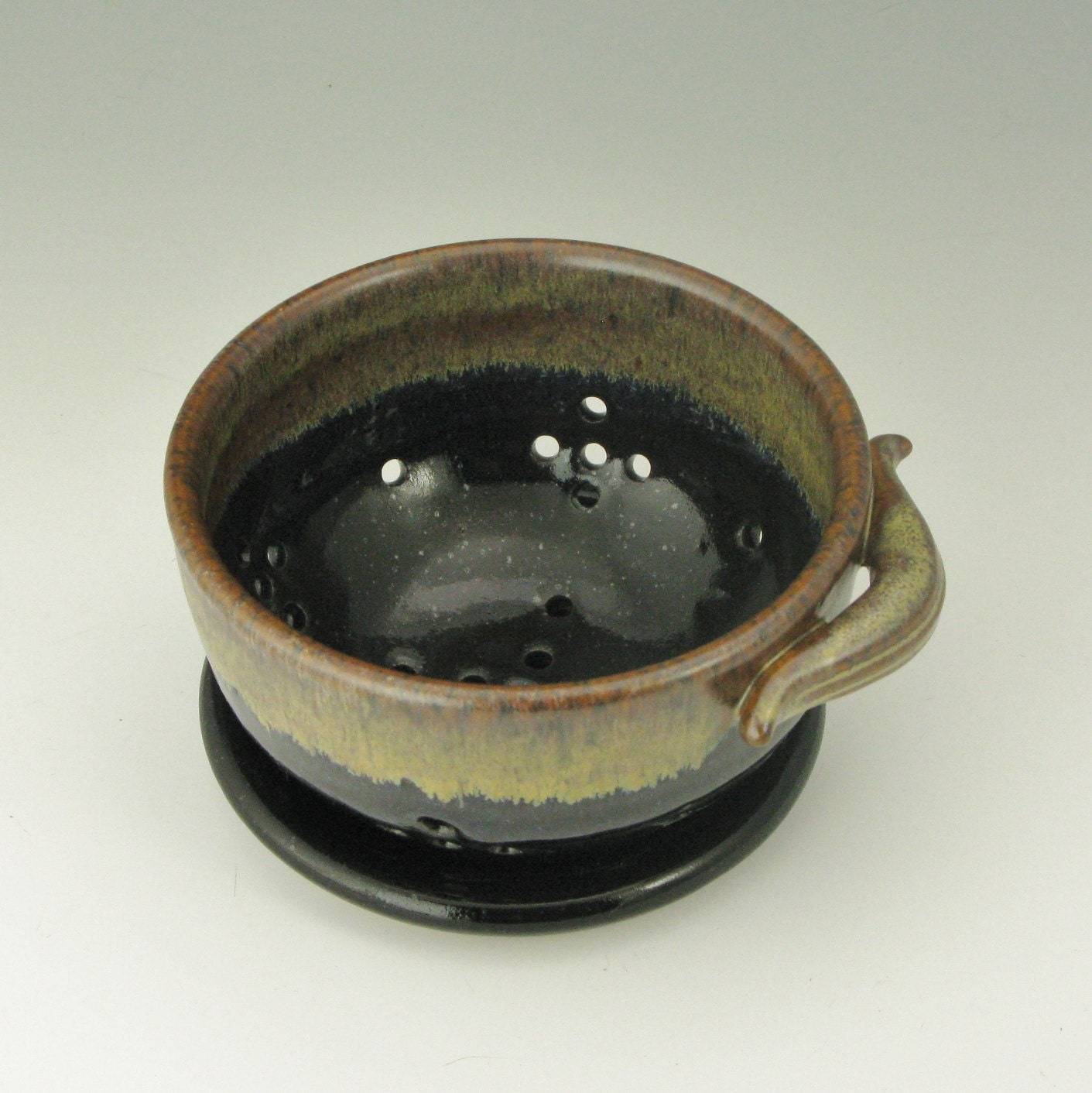 Berry Bowl with Saucer and Cute Strap Handle, 2 Cup Veggie Strainer in Rich Brown and Black, Ready to Ship