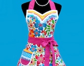 Womens Retro Apron - Vintage Inspired Whimsical 50's Kitchen Apron With Pocket Blue Pink Yellow Red Tropical Flowers