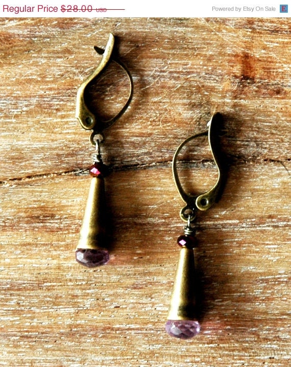 Summer Sale 10% Off Antiqued Brass Pyramid Earrings with Amethyst Gemstones and Violet Purple Swarovski Crystals