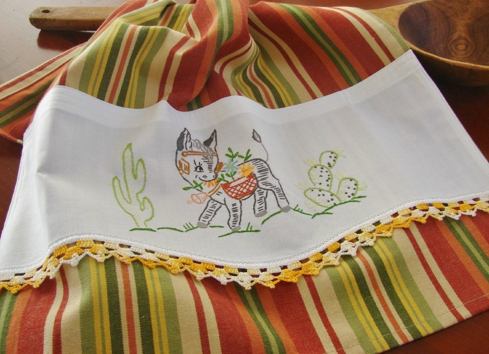 Tea Towel -  Recycled Vintage Pillowcase to Upcycled Kitchen Home Decor - Funny Little Donkey