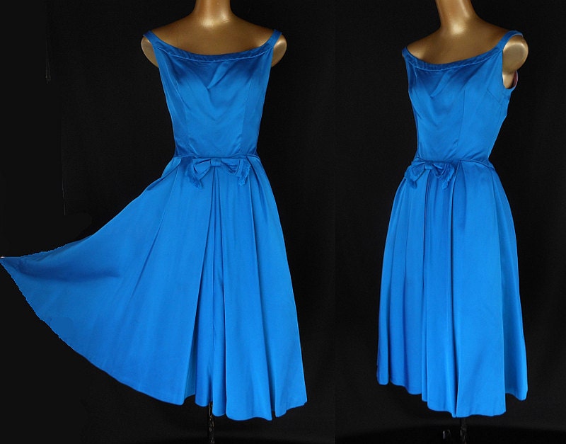 Vintage 50s Cocktail Party Dress by Emma Domb - 1950s Full Skirted Cerulean Blue Silk Satin with Bow - Size S to M