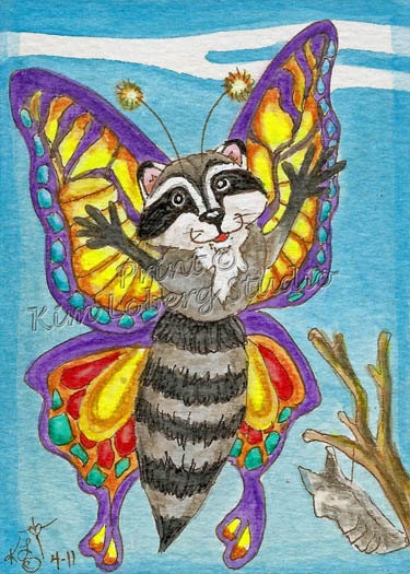 Raccoon Butterfly fantasy Insect bug ACEO PRINT by Nebraska Artist Kim Loberg Art