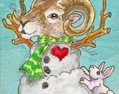 Snow Big Horn Sheep Snowman wildlife Art ACEO Kim Loberg Original bunny Rabbit