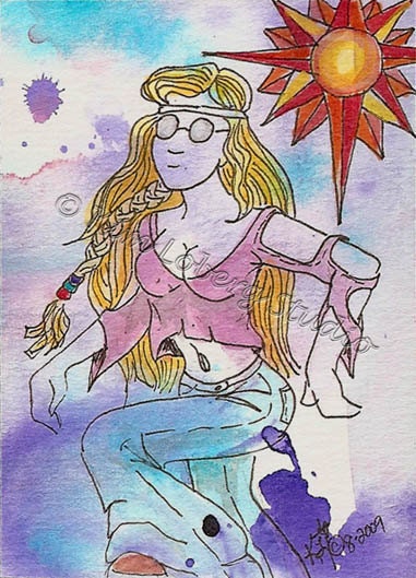 Braided hair Hippie Girl Retro Sun Art ACEO Kim Loberg 70s Original Pink Top
