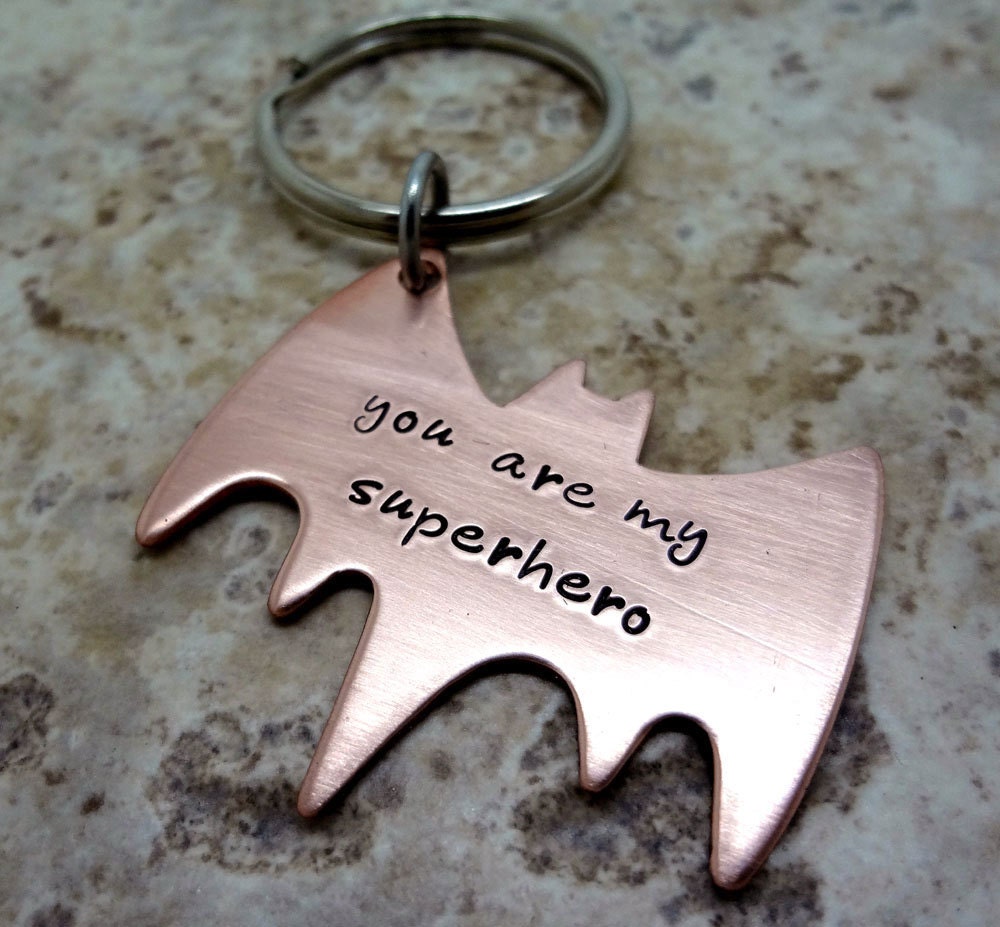 Superhero Key Chain - Hand Stamped Copper Batman Key Ring - Fathers Day - Boyfriend Husband Partner