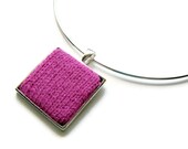 Square Necklace Fuchsia on Silvered Base Knitted with Acrylic Wool