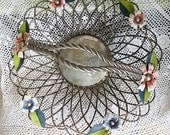 Vintage Shabby Chic Silver Metal Tole Basket Open Weave Toleware Flowers Cottage