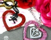 SINNER OR SWEETHEART - Glitter Heart Charm Necklaces - Diamond or Skull - You Choose