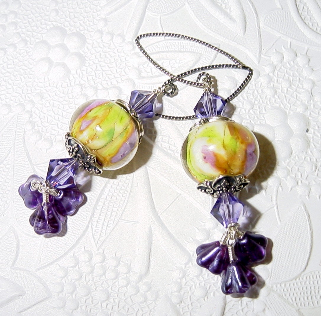 Tanzanite Garden Lampwork Earrings with Sterling Silver and Swarovski Crystals