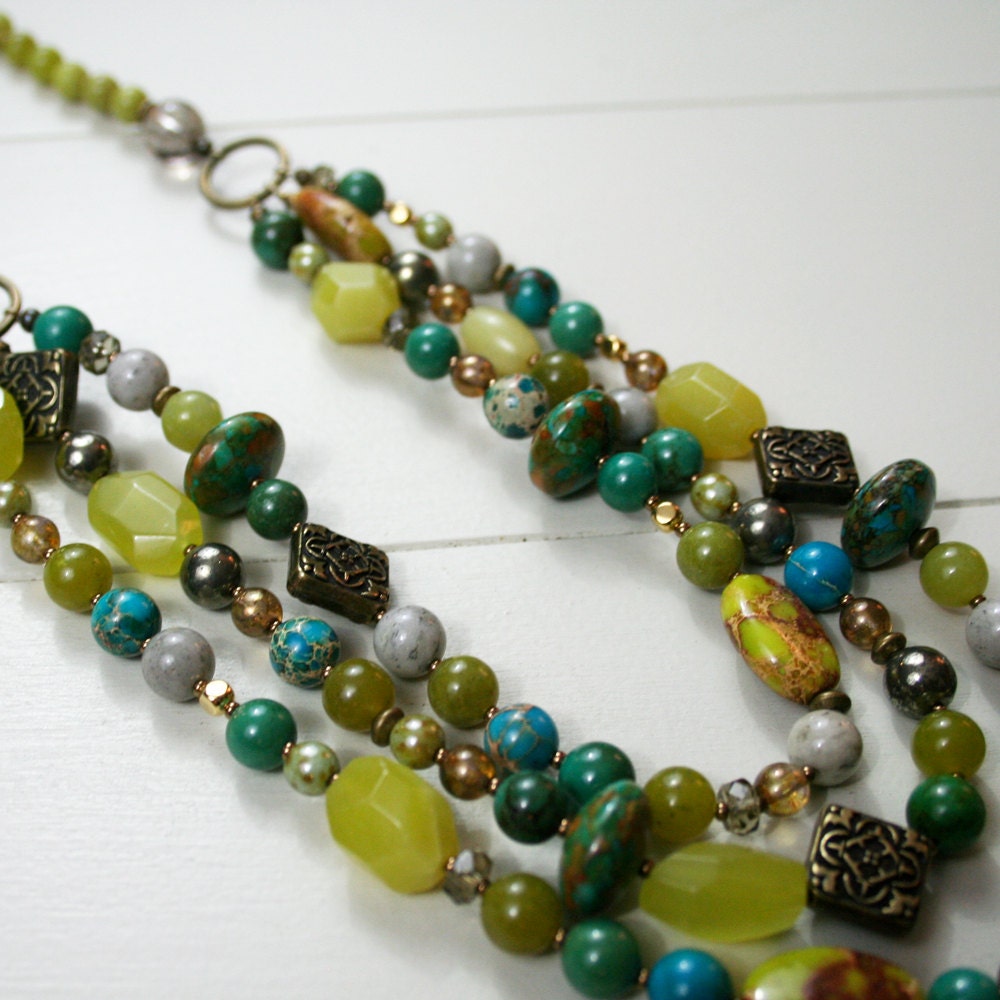 Esperanza Necklace (Olive/Turquoise) - Triple Strand Turquoise, Olive Jade, Pyrite, Grey Feldspar, Antique Brass