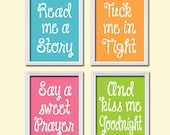 Cute Colorful Pink Orange Green Blue Kiss Me Goodnight Quote Crib Nursery Song Print Artwork Set of 4 Prints Wall Decor Art Picture