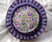Embroidered Felt Circle Pin - Felt and Vintage Cotton Fabric Brooch - Happy - Lavender Blossom Petite Brooch