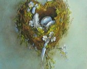 Bird Nest painting art Heart shaped nest with eggs feather ribbon and flowers still life FREE USA shipping