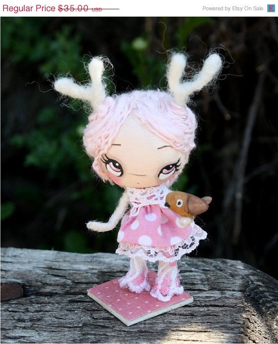 Spring Doll Pink Deer And Porcelain Handpainted Bird Paper Mache OOAK Art Doll