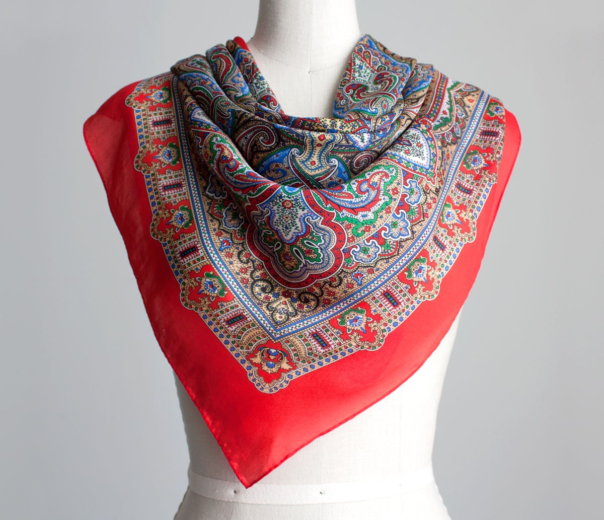 Red Silk Scarf 1980s Vintage Silk Echo Paisley Print Soft Scarf