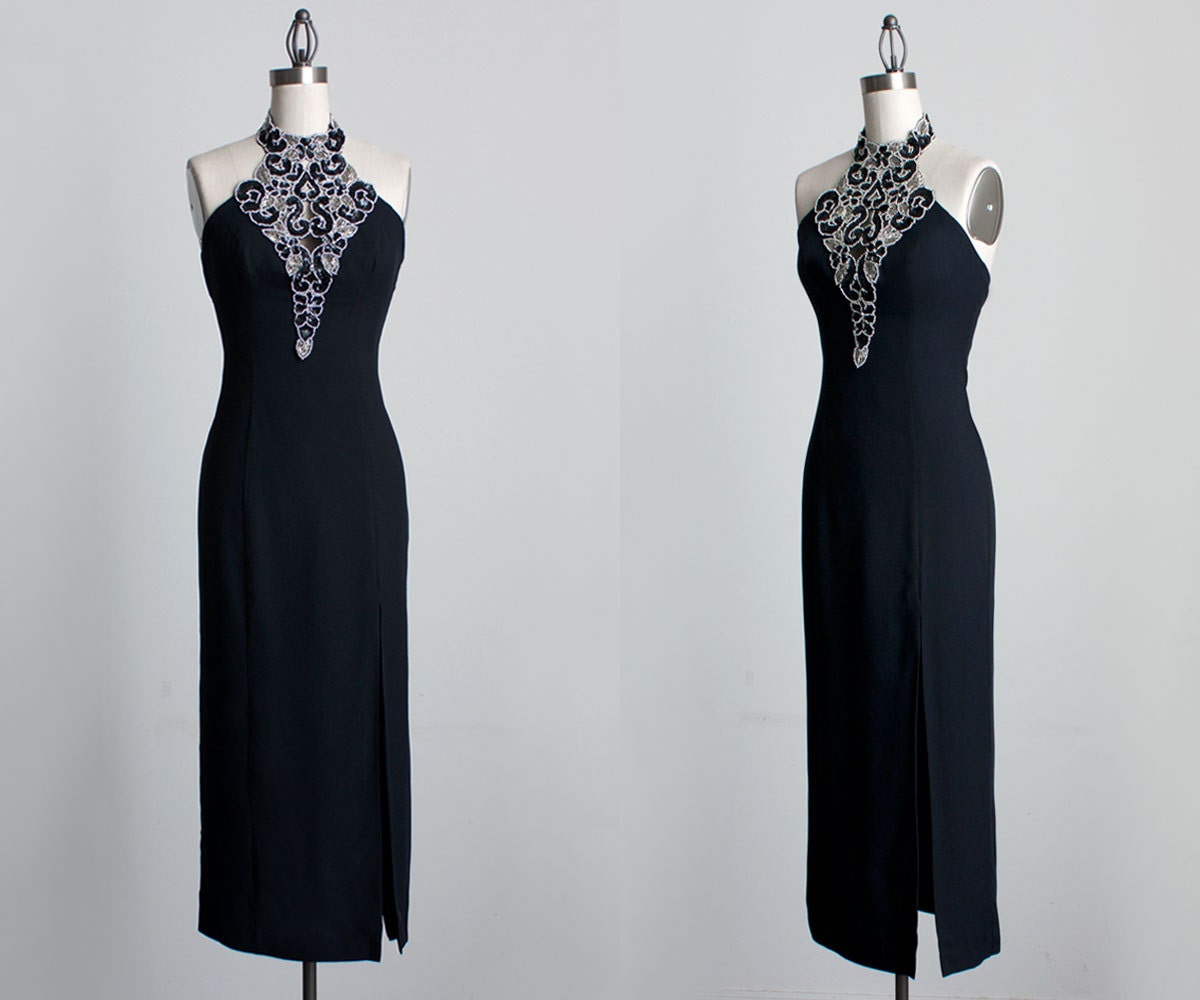 Black Party Dress 1990s Vintage Black And Silver Beaded Evening Gown
