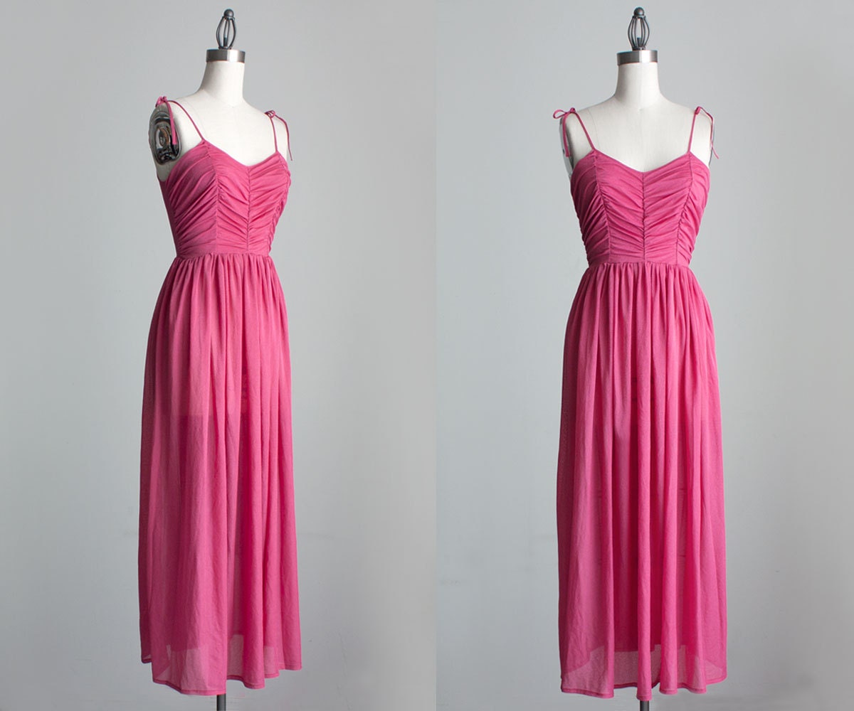 Pink Maxi Dress 1970s Vintage French Pink Evening Maxi Sun Dress