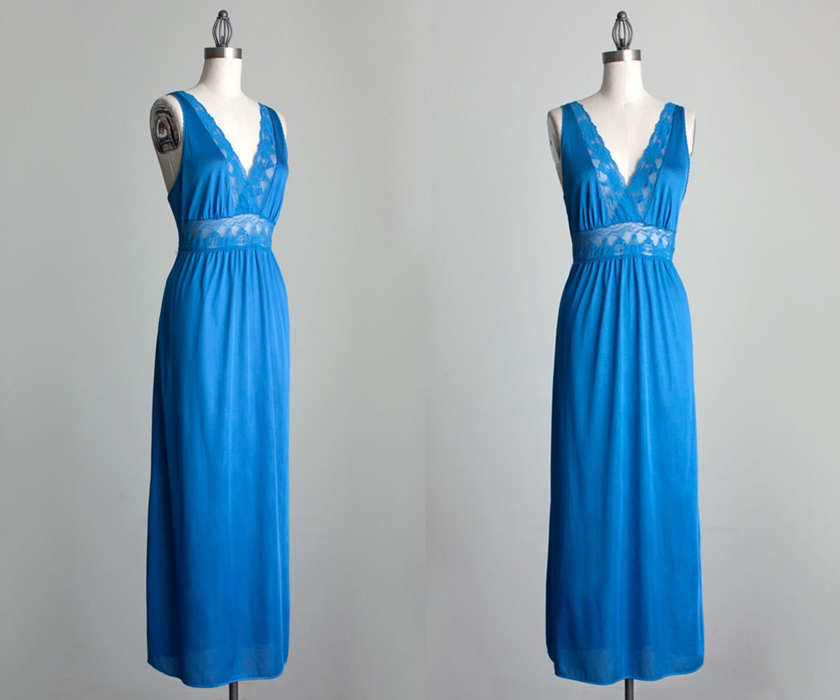 Blue Maxi Slip Dress 1980s Vintage French Blue Maxi Slip Dress