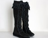 Black Moccasin Knee Boots 1980s Black Leather Fringe Trim Tall Lace Up Knee Boots Sz 9 40