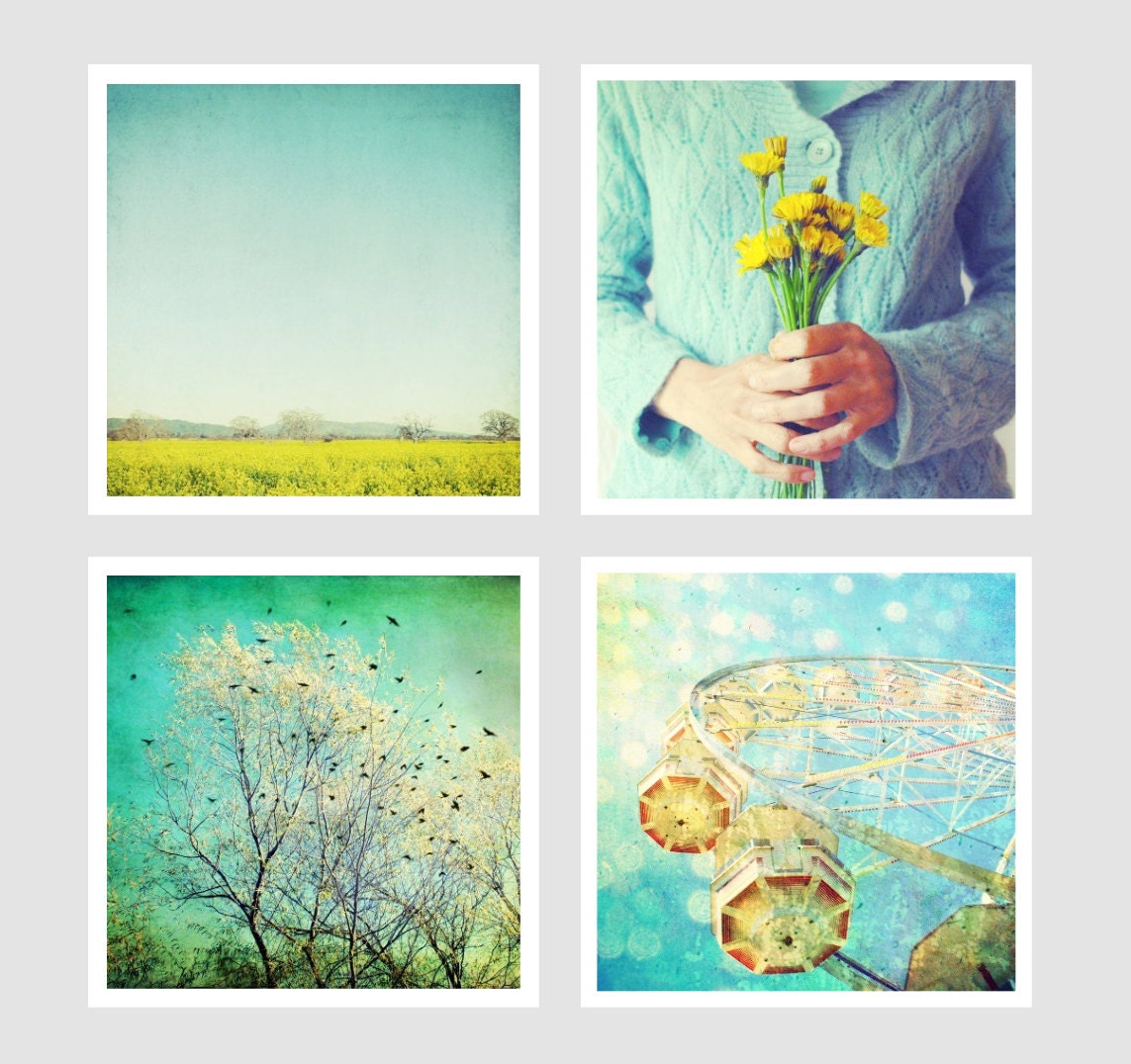 Photography Set SALE - whimsical cheerful lemon yellow teal aqua blue decor nursery room wall art - set of four 5x5 photographs