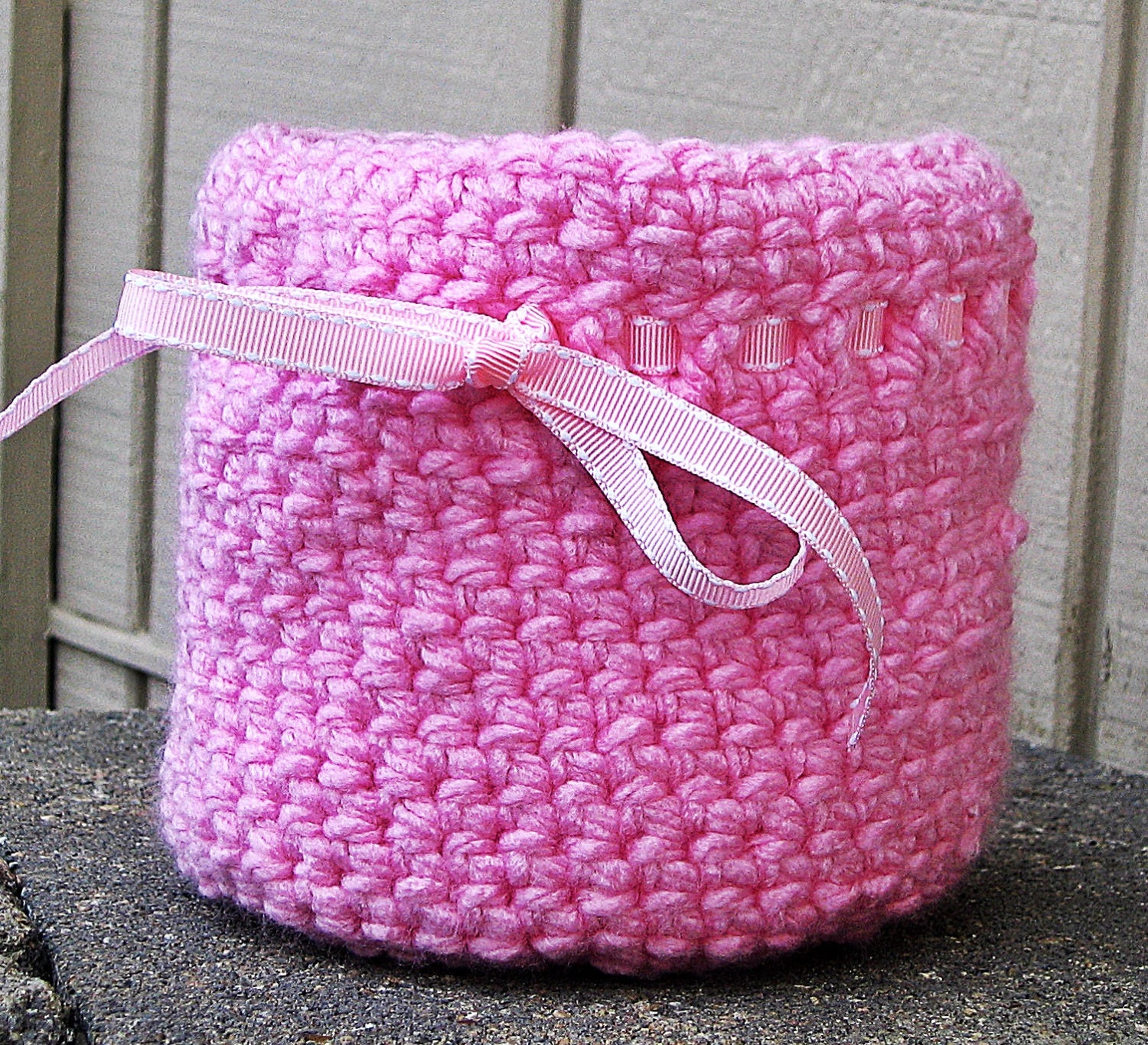 Basket - Handmade Basket, Crochet Basket Bowl, Crochet Basket - Pink with Pink Ribbon