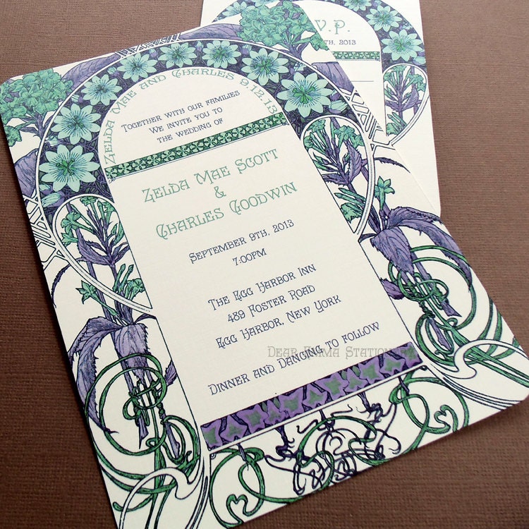 Zelda's Garden Wedding Invitations - Art Nouveau Art Deco - Great Gatsby Invitation and Reply cards - Sample