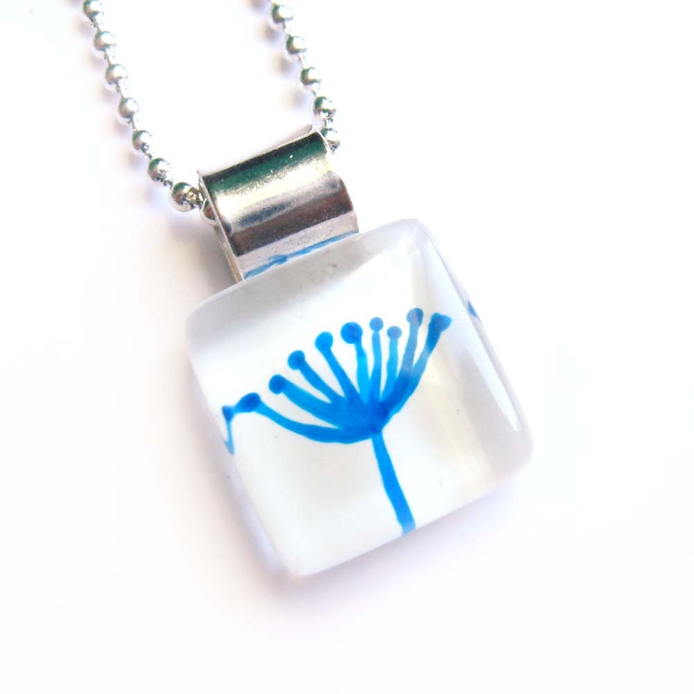 Blue and white dandelion pendant - hand painted glass -