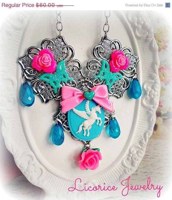 33% OFF  Sale Chic Unicorn Pink Rose Filigree Bib Cameo Statement Necklace teal blue shabby flower butterfly retro vintage fantasy girly em