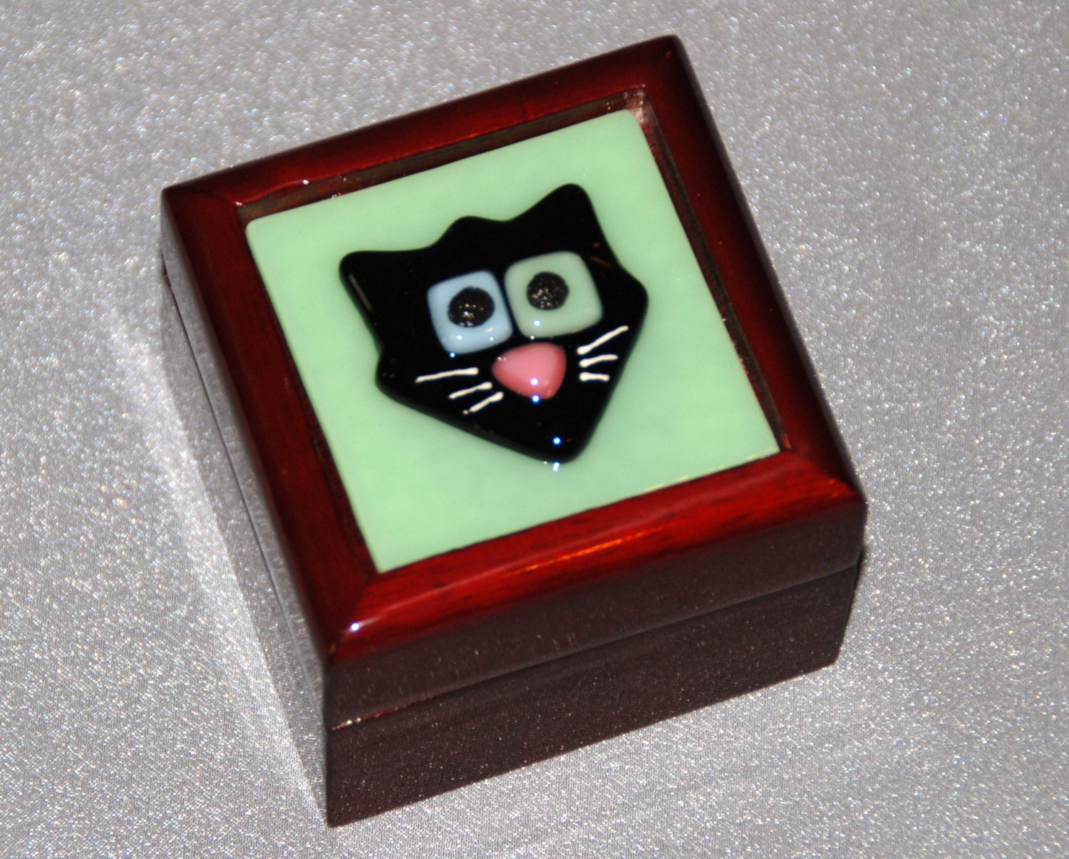 Cute Cat Rosewood Box with Fused Glass Top, 2.5" x 2", Various Colors, FREE Shipping to U.S.