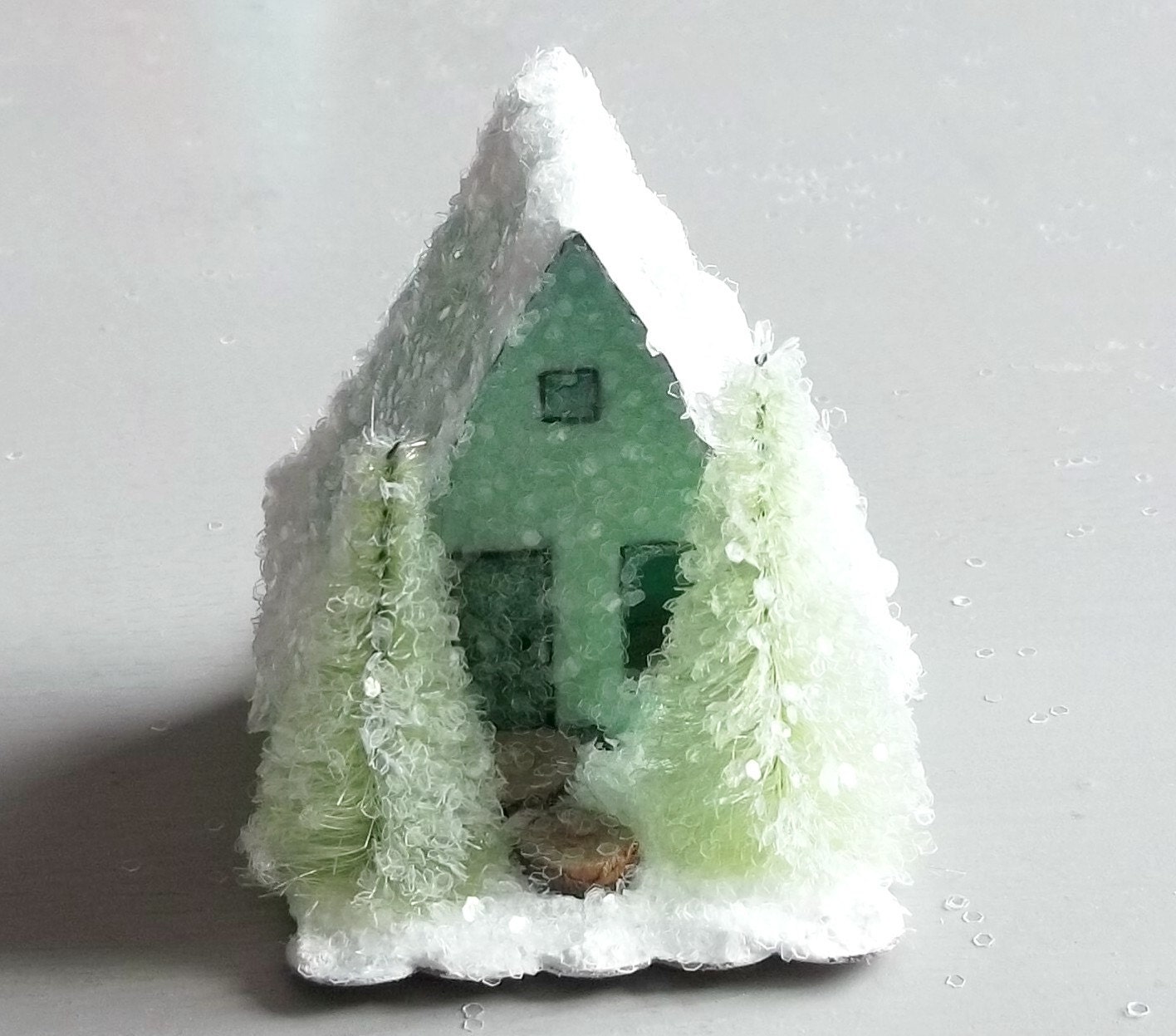 Vintage Putz Style Miniature Mint Glitter Sugar House Shabby Christmas Village Mint Green Bottle Brush Tree Ornament