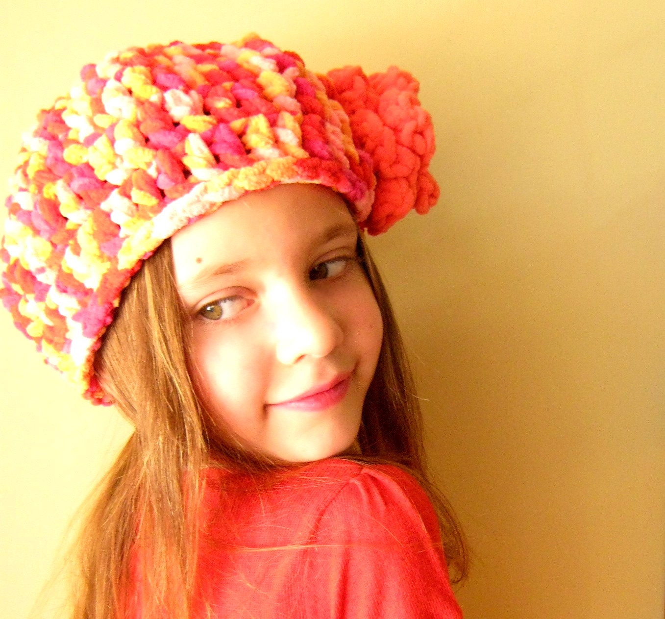 2 -4 years -  Crochet Hat with Flower - Soft Fleece yarn in Pink , Orange and Yellow