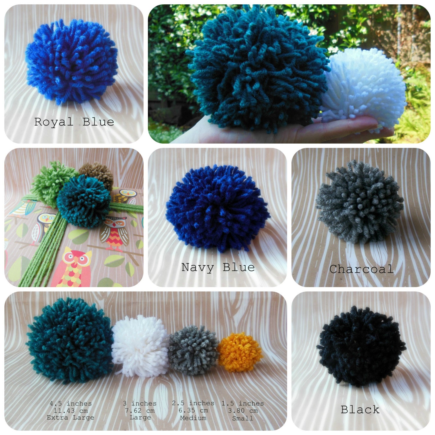 Set of 6 Yarn Pom Poms - Extra Large - 4.5 inch