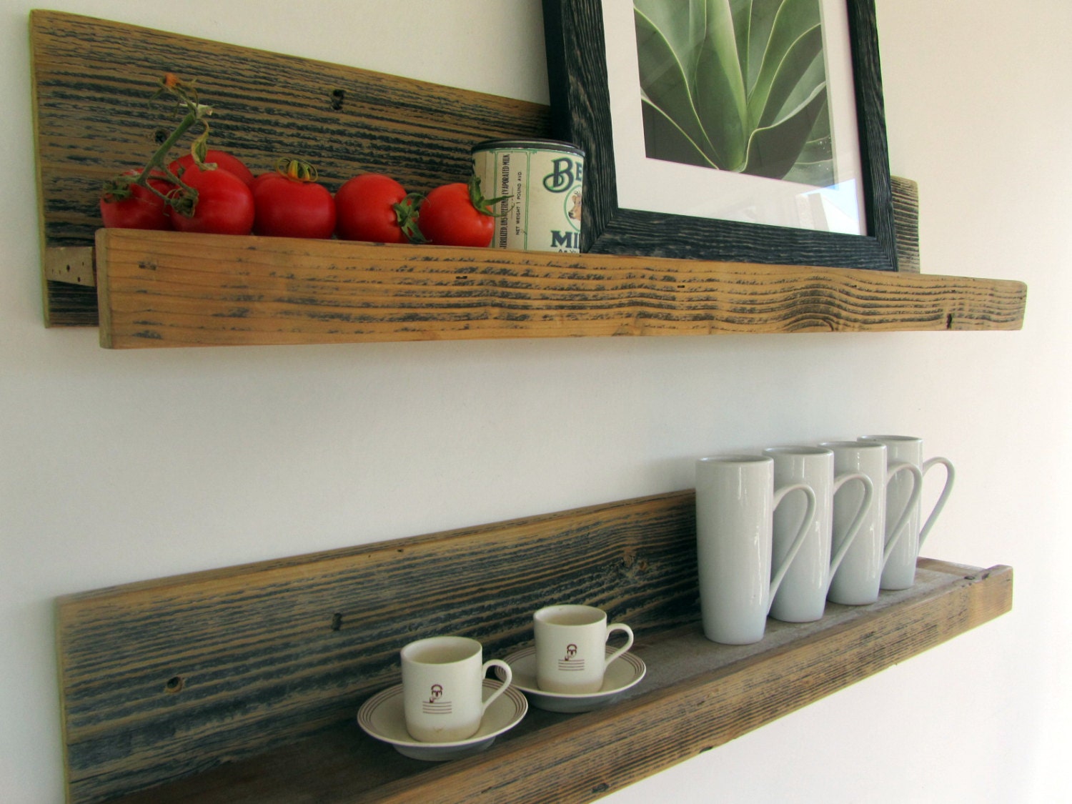 Two 36" rustic wall-mounted reclaimed wood shelves -- upcycled recycled repurposed