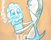 Penguin Cuddling Ice Cream Cone PRINT 234 Reproduction from Painting by Michael Brown UC Studios